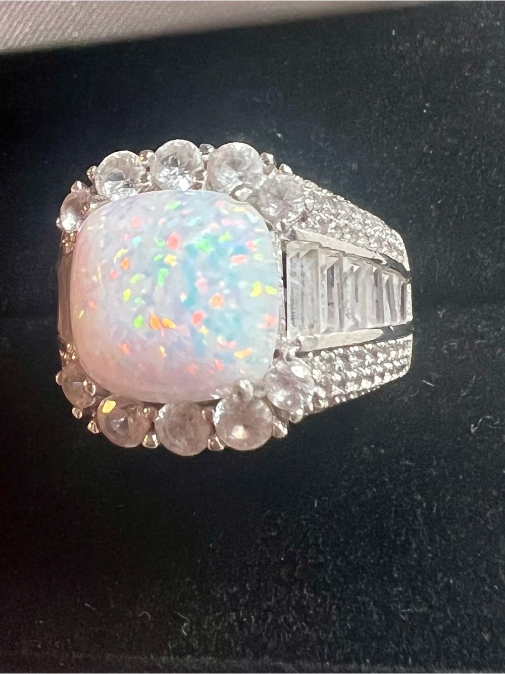 Stunning 925 Sterling Silver Opal CZ Halo Art Deco Statement Ring Size 7